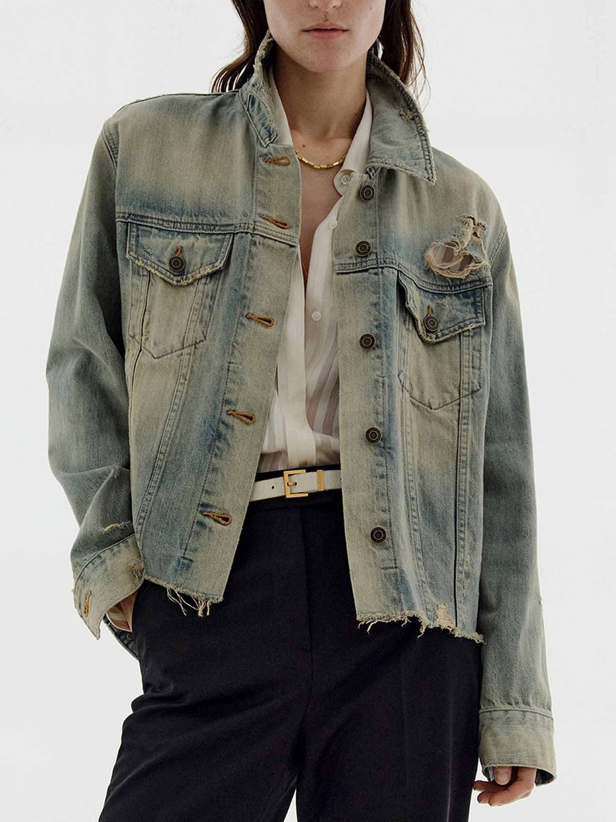 Western Distressed Washed Denim Jacket - Light - 5