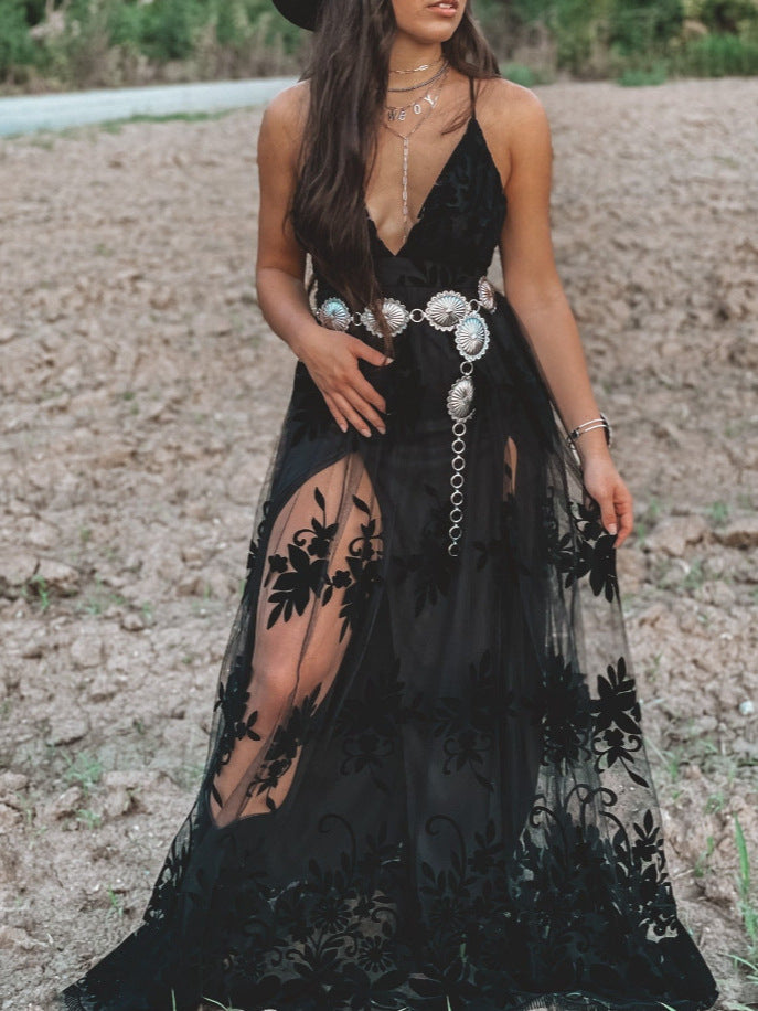 Sheer Lace Plunge Maxi Dress - black