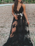 Sheer Lace Plunge Maxi Dress - black