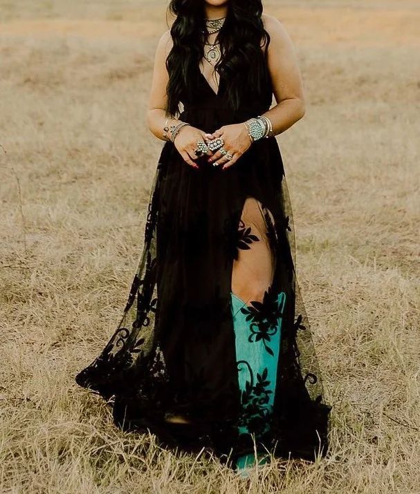 Sheer Lace Plunge Maxi Dress - black - 1
