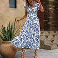 Flutter Sleeve Tiered Floral Maxi Dress - Blue