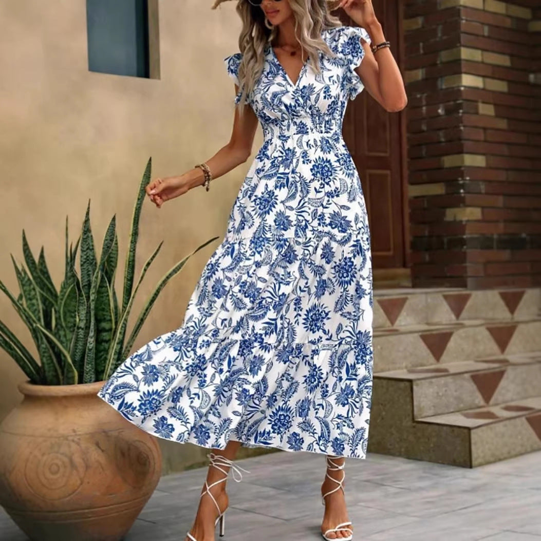 Flutter Sleeve Tiered Floral Maxi Dress - Blue