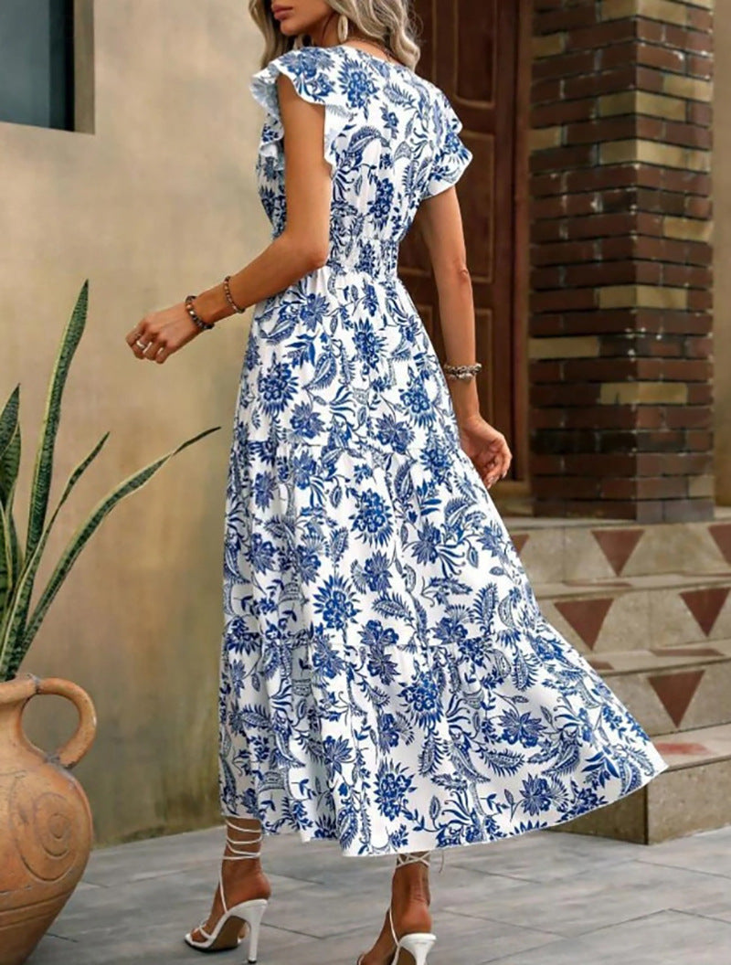 Flutter Sleeve Tiered Floral Maxi Dress - Blue - 2