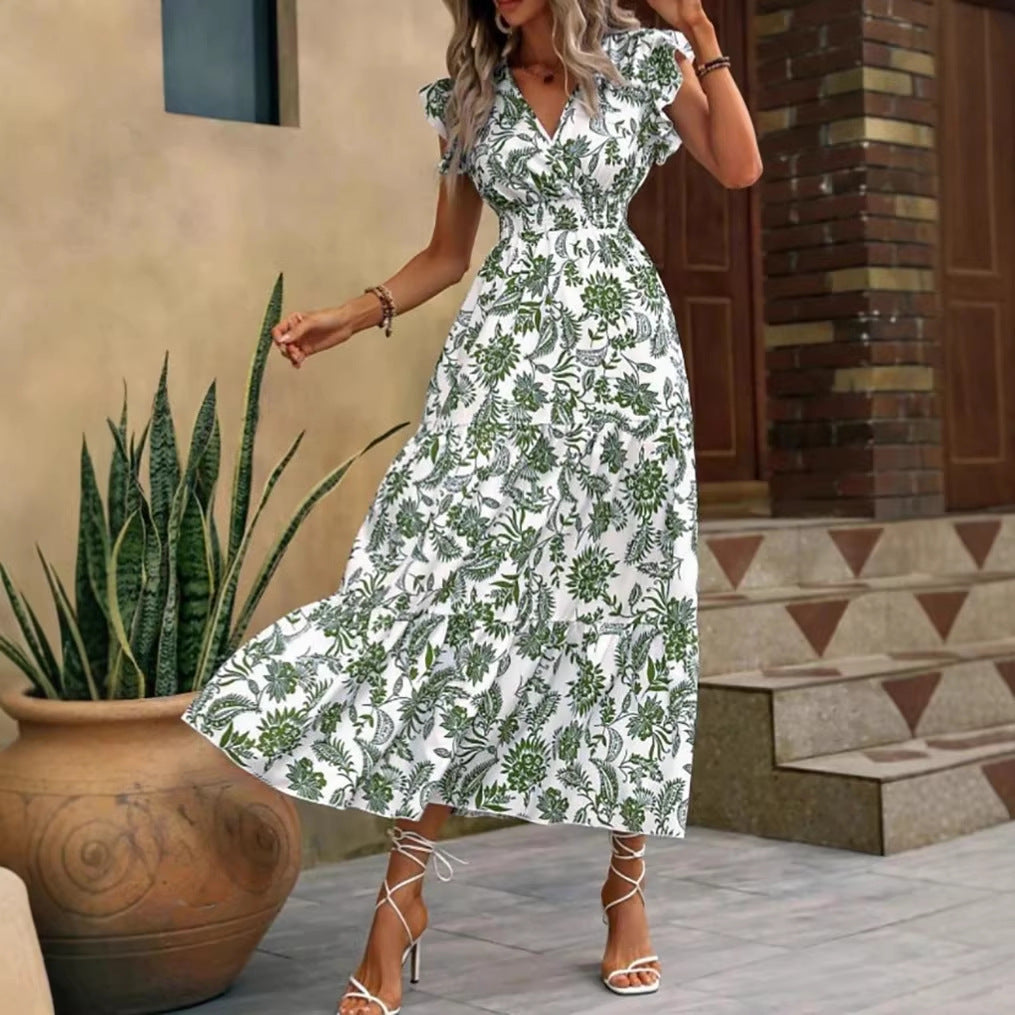 Flutter Sleeve Tiered Floral Maxi Dress - Green