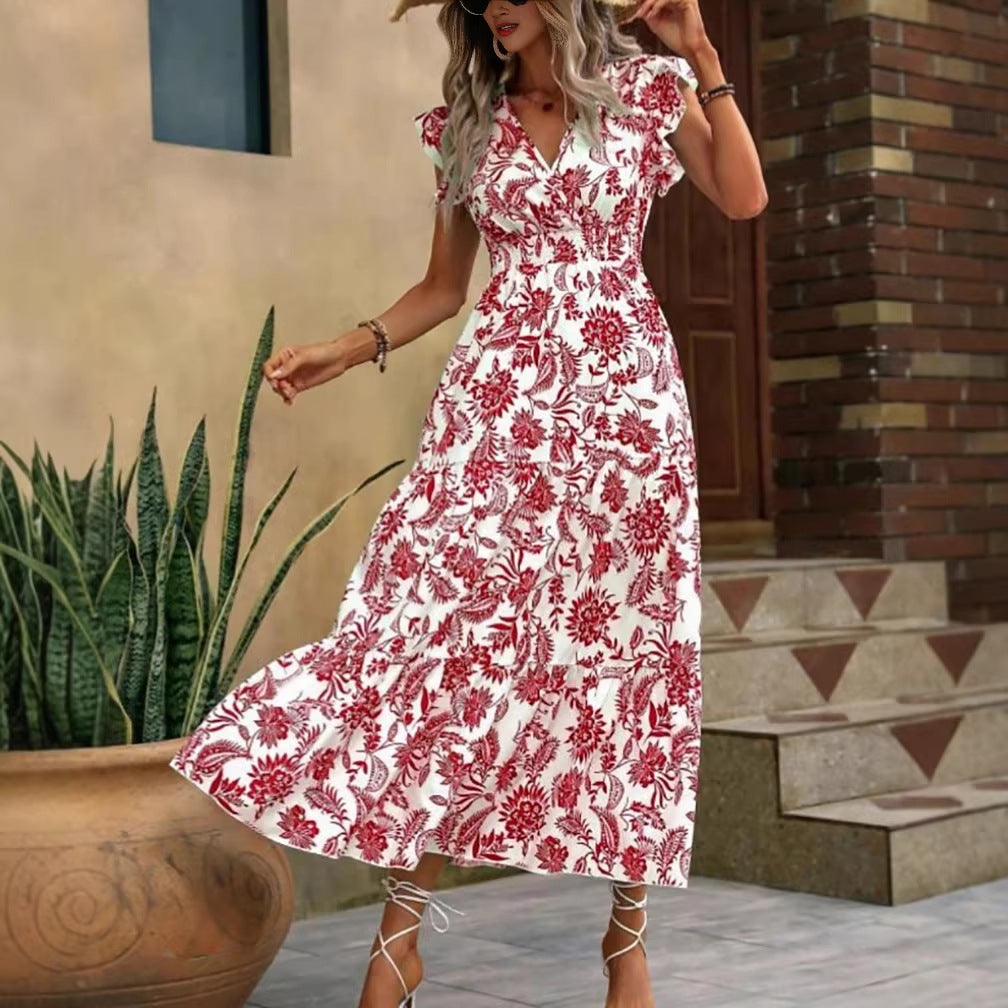 Flutter Sleeve Tiered Floral Maxi Dress - Red