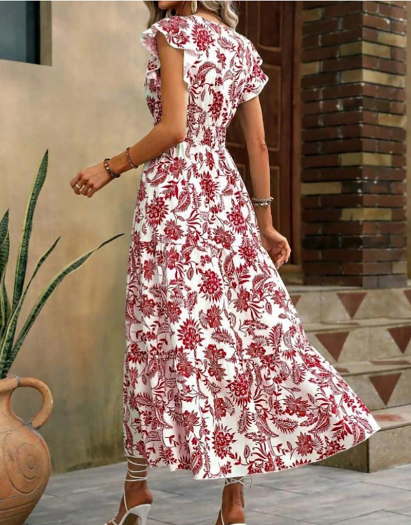 Flutter Sleeve Tiered Floral Maxi Dress - Red - 1