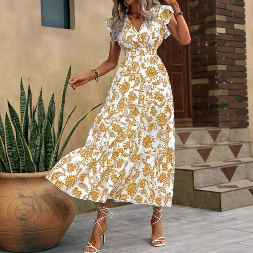 Flutter Sleeve Tiered Floral Maxi Dress - Yellow