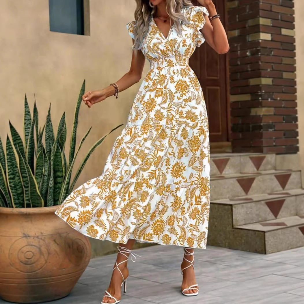 Flutter Sleeve Tiered Floral Maxi Dress - Yellow