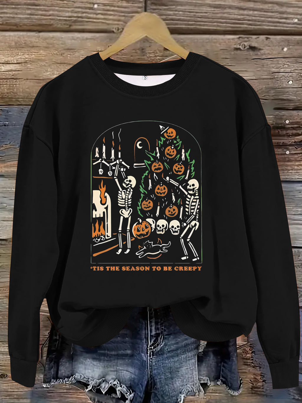 Skeleton Pumpkin Tree Graphic Sweatshirt - Black