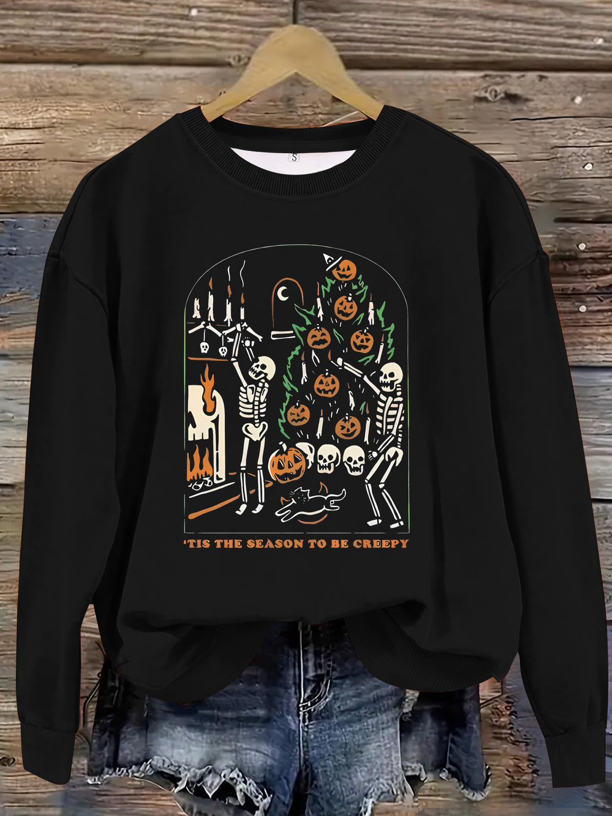 Skeleton Pumpkin Tree Graphic Sweatshirt - Black