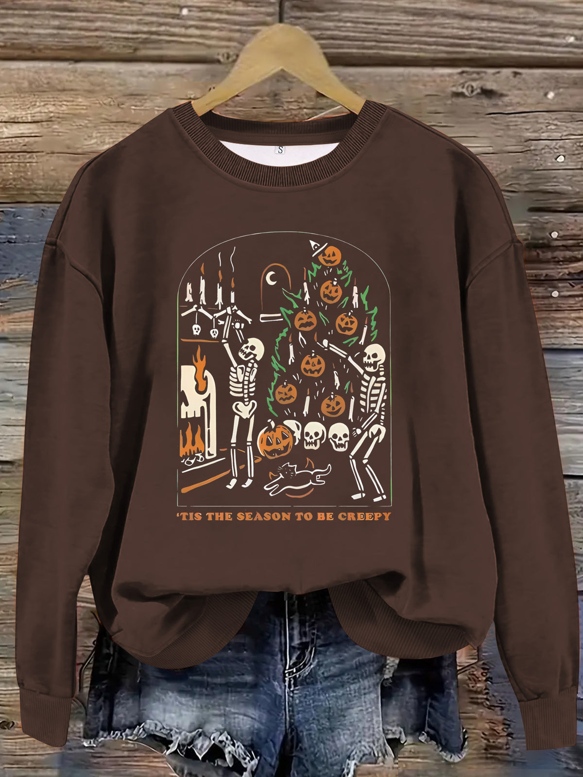 Skeleton Pumpkin Tree Graphic Sweatshirt - Coffee
