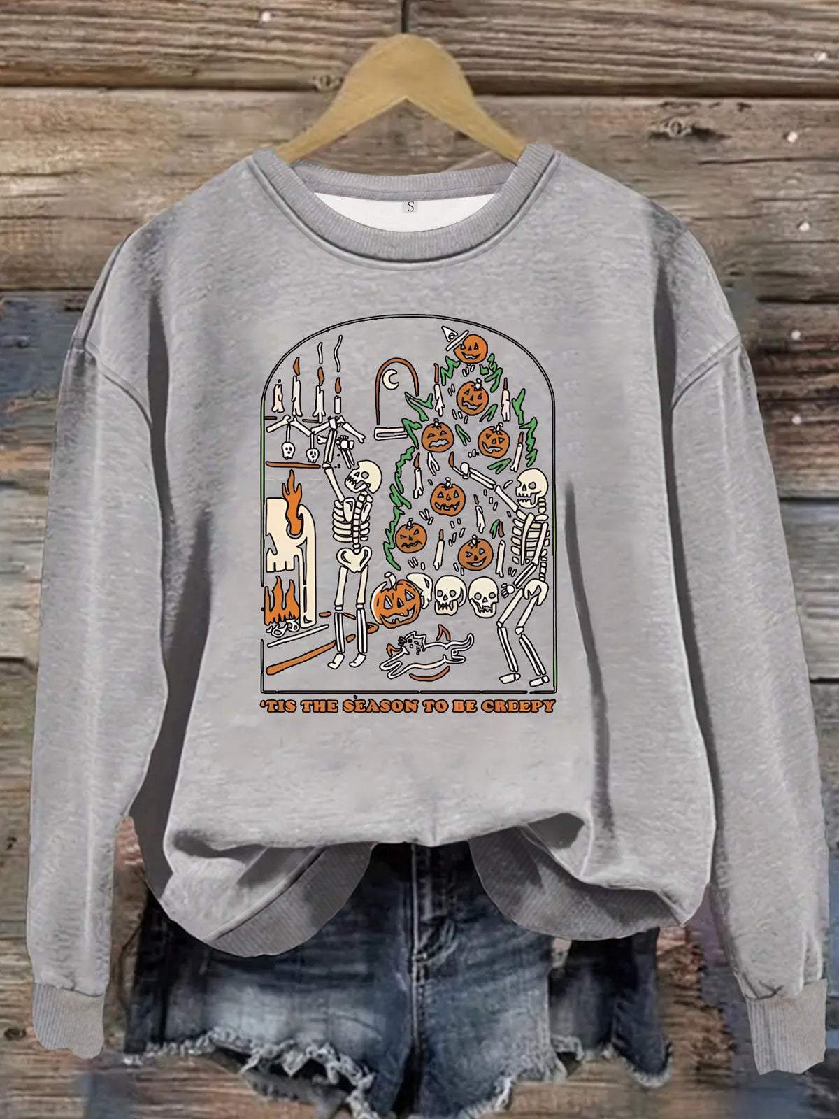 Skeleton Pumpkin Tree Graphic Sweatshirt - Grey