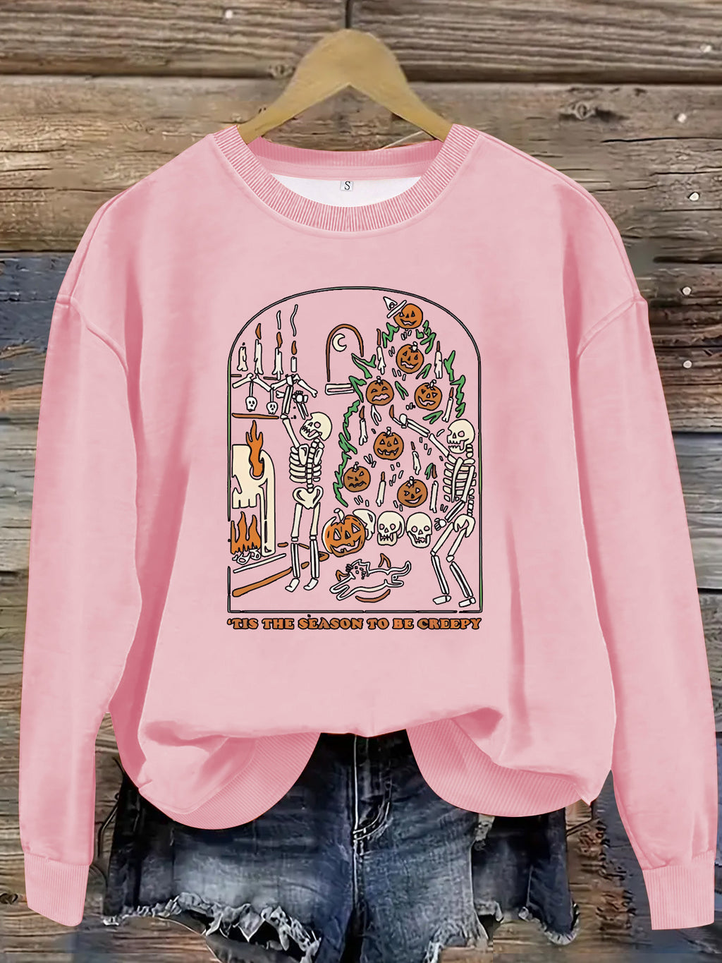 Skeleton Pumpkin Tree Graphic Sweatshirt - Pink