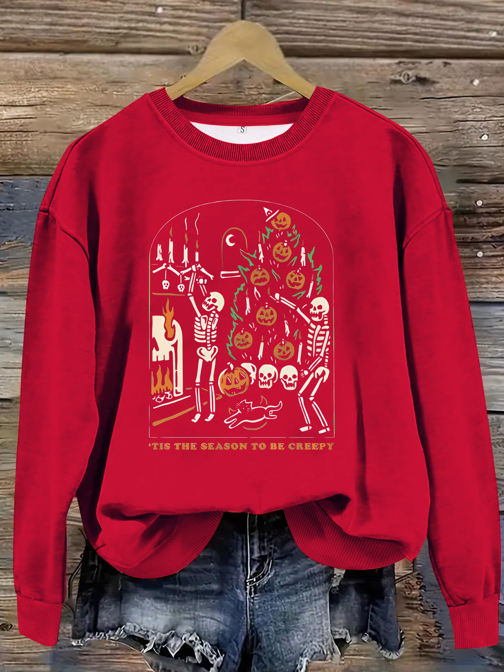 Skeleton Pumpkin Tree Graphic Sweatshirt - Red