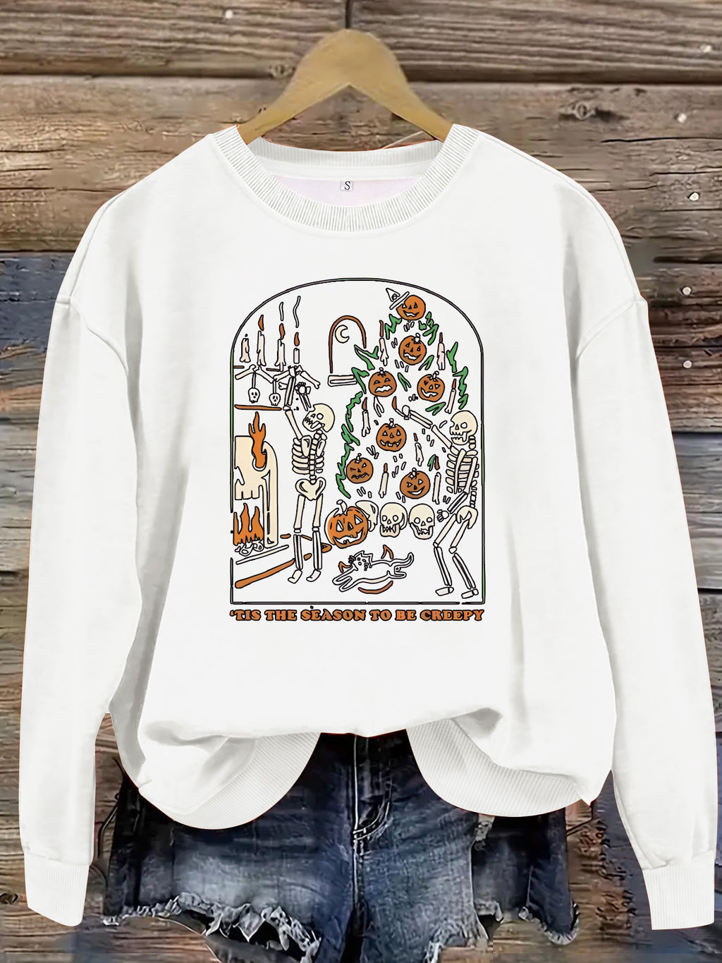 Skeleton Pumpkin Tree Graphic Sweatshirt - White