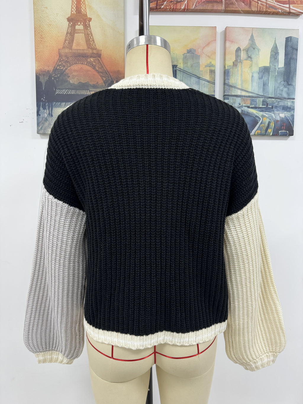 Contrast Panel Whipstitch Trim Cardigan - Black - 1