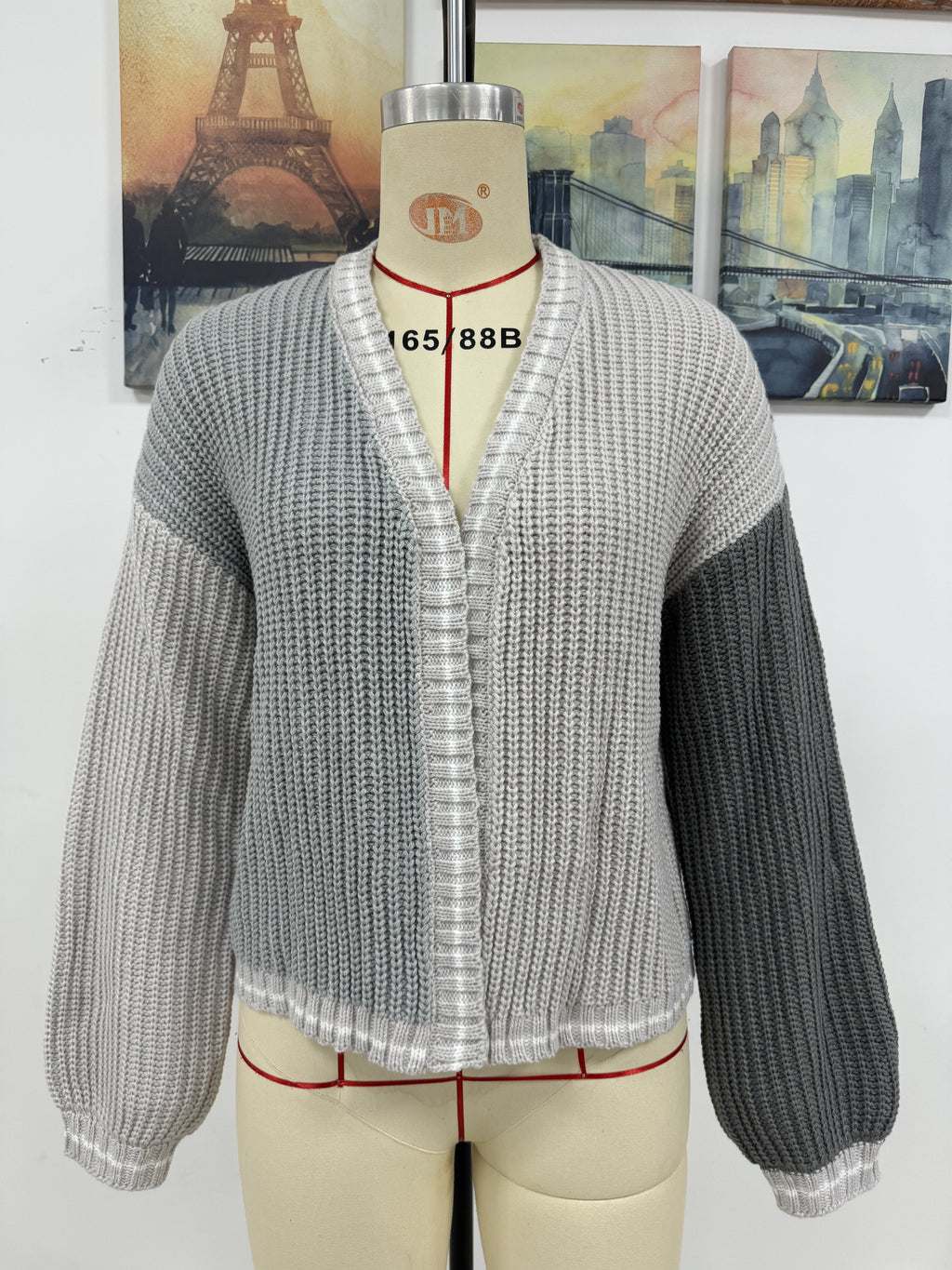 Contrast Panel Whipstitch Trim Cardigan - Grey