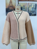 Contrast Panel Whipstitch Trim Cardigan - Pink