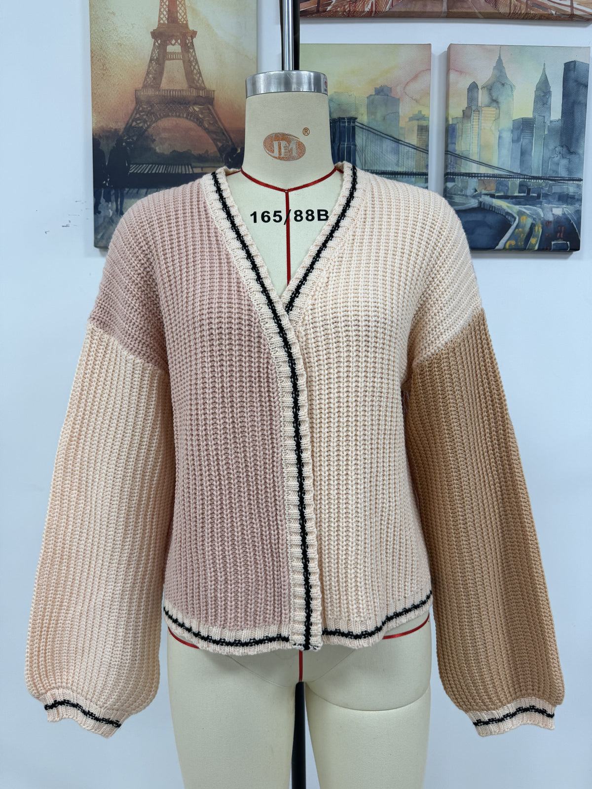 Contrast Panel Whipstitch Trim Cardigan - Pink
