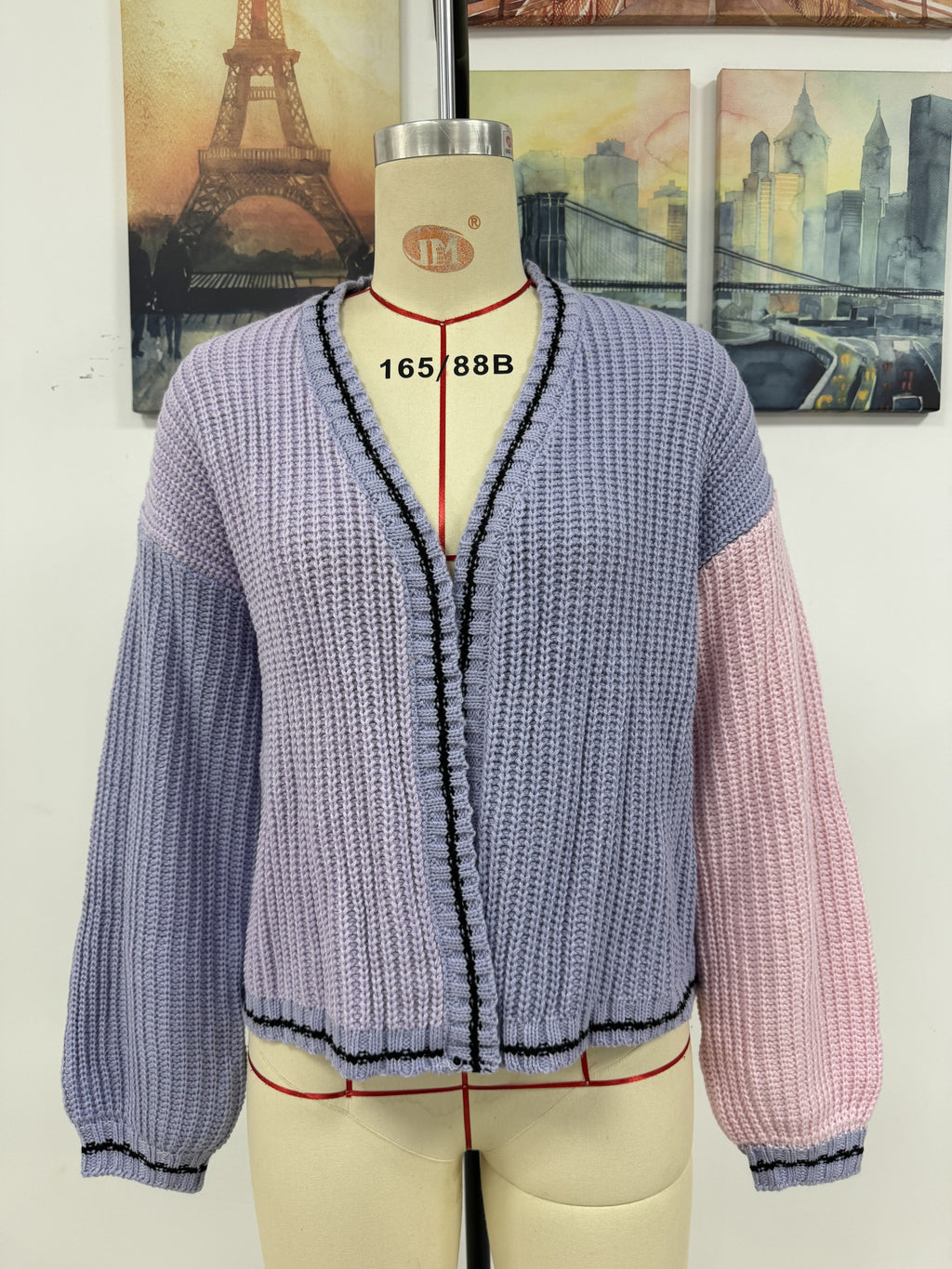Contrast Panel Whipstitch Trim Cardigan - Purple