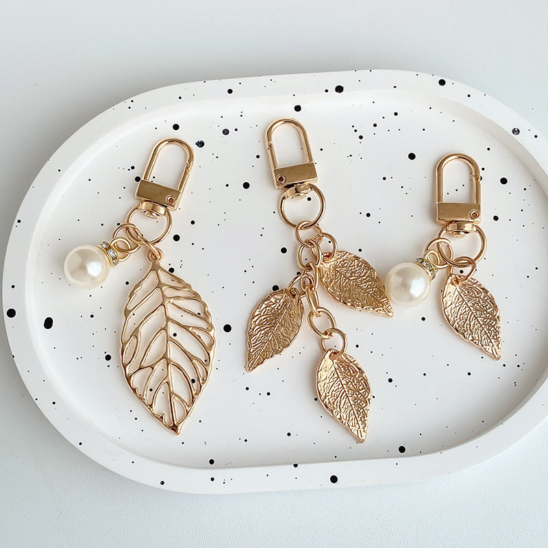 Textured Metal Leaf Dangle Bag Charm Keychain