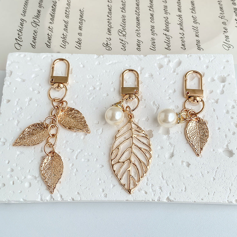 Textured Metal Leaf Dangle Bag Charm Keychain - view 1