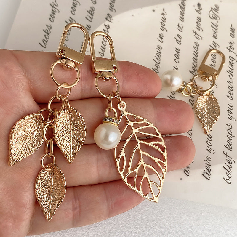 Textured Metal Leaf Dangle Bag Charm Keychain - view 2