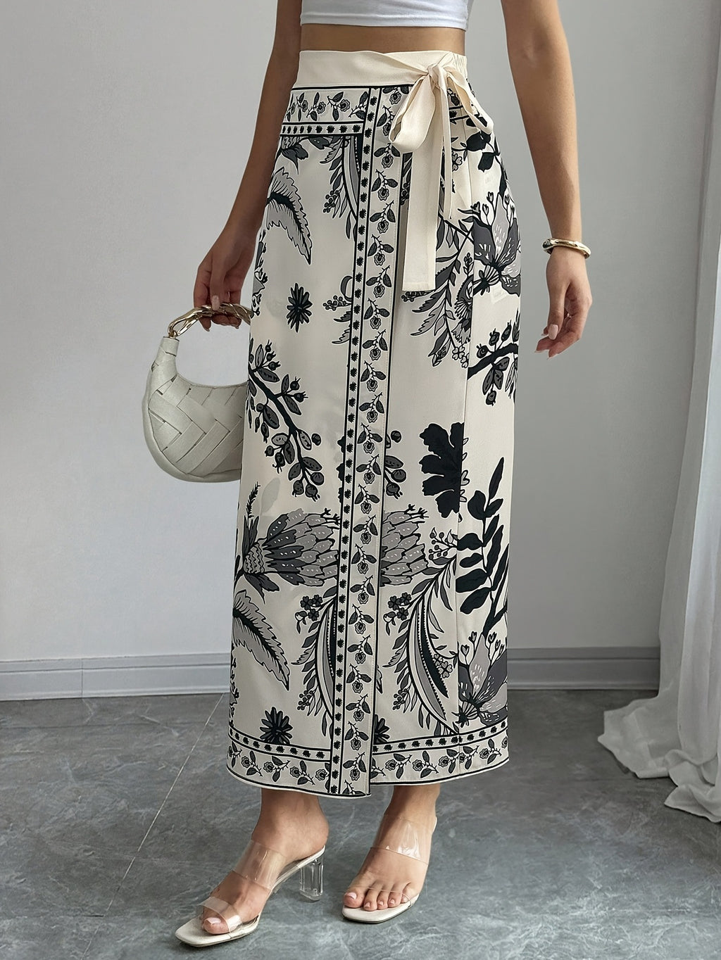 Bohemian Border Print Maxi Wrap Skirt - Apricot