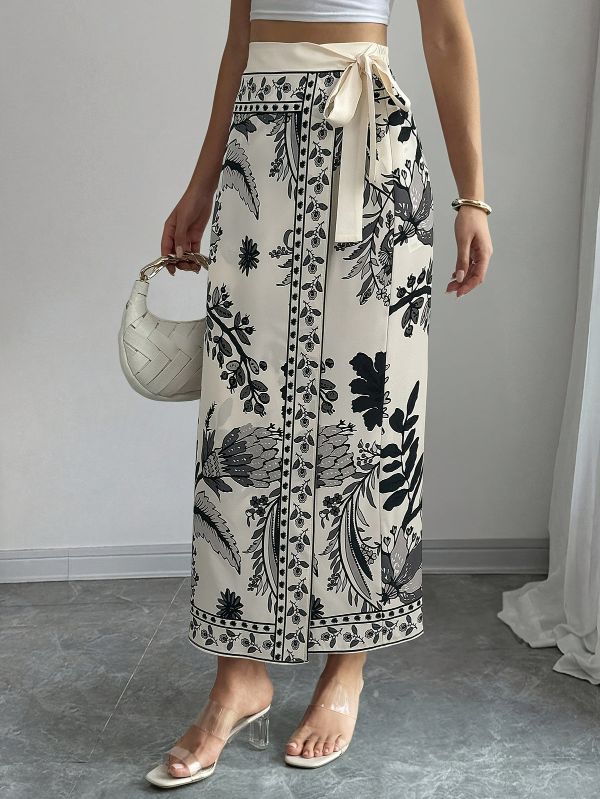 Bohemian Border Print Maxi Wrap Skirt - Apricot