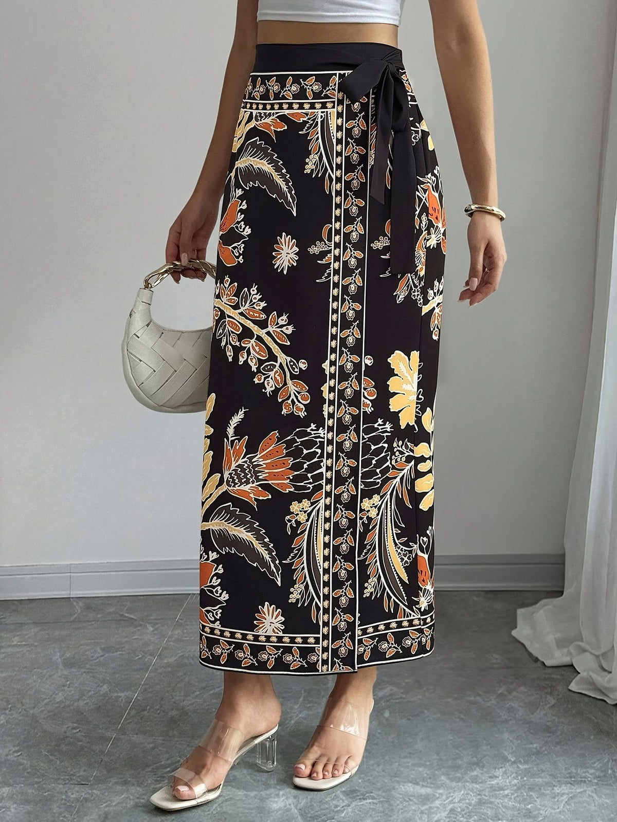 Bohemian Border Print Maxi Wrap Skirt - Black