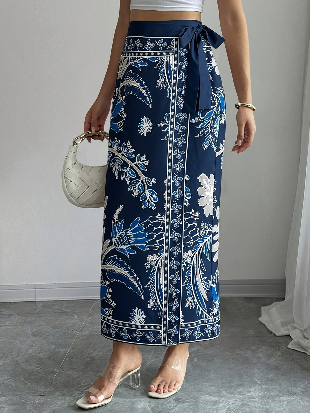 Bohemian Border Print Maxi Wrap Skirt - Navy