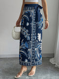 Bohemian Border Print Maxi Wrap Skirt - Navy