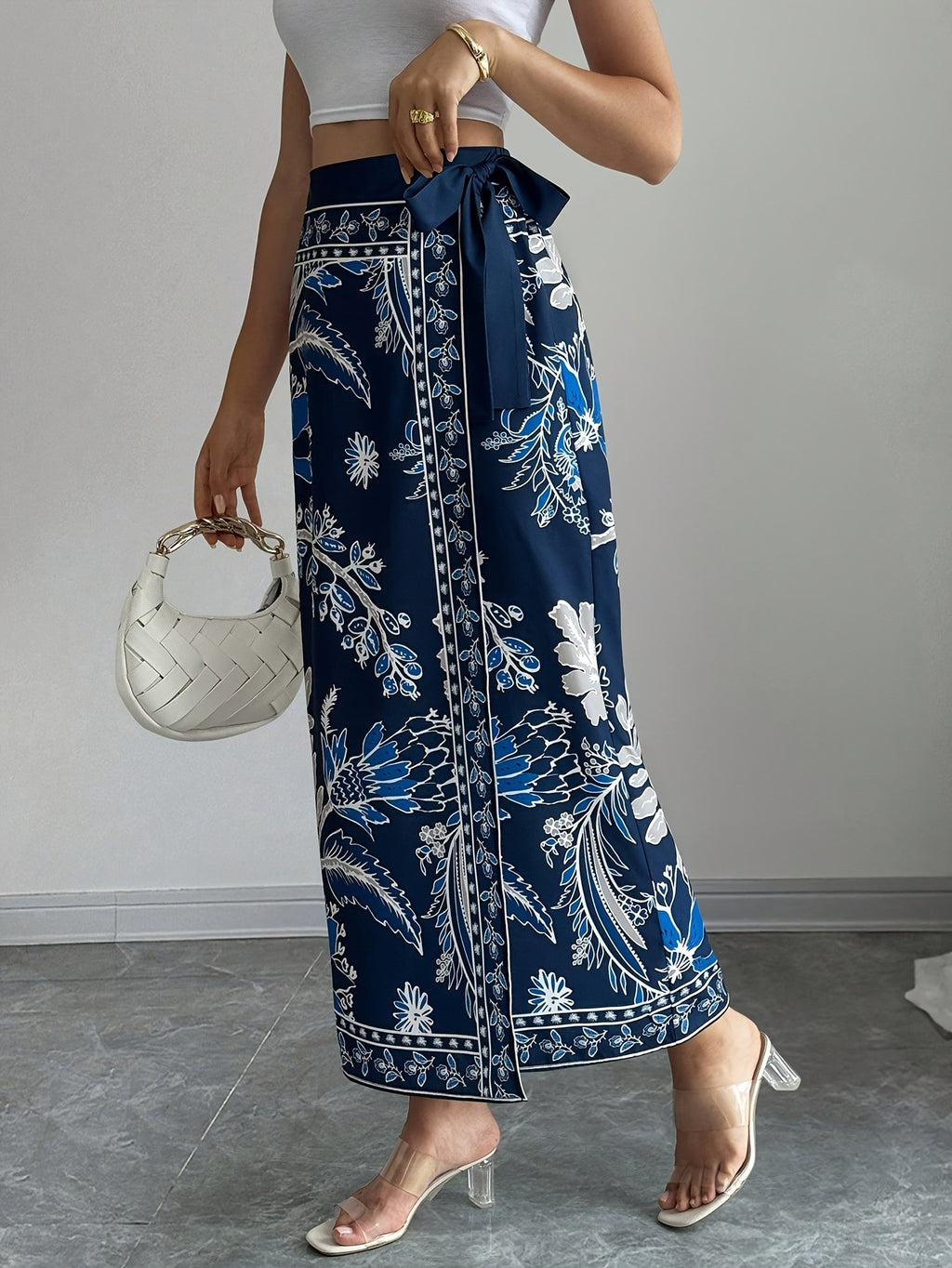 Bohemian Border Print Maxi Wrap Skirt - Navy - 1