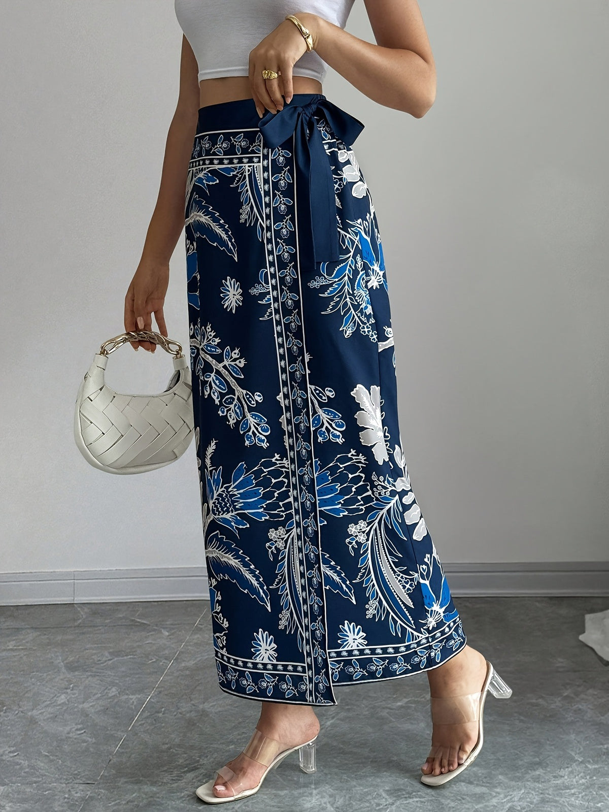 Bohemian Border Print Maxi Wrap Skirt - Navy - 1