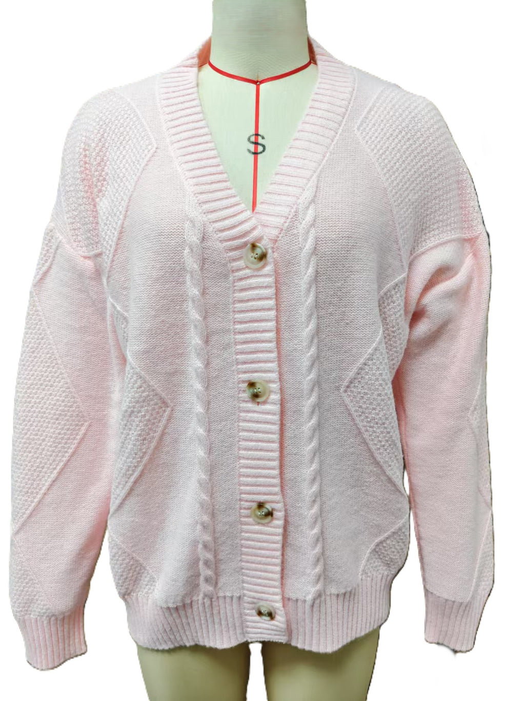 Diamond Cable Knit Button Front Cardigan - Pink