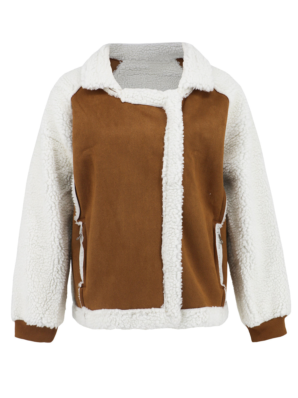 Faux Shearling Aviator Zip Jacket - Brown - 1
