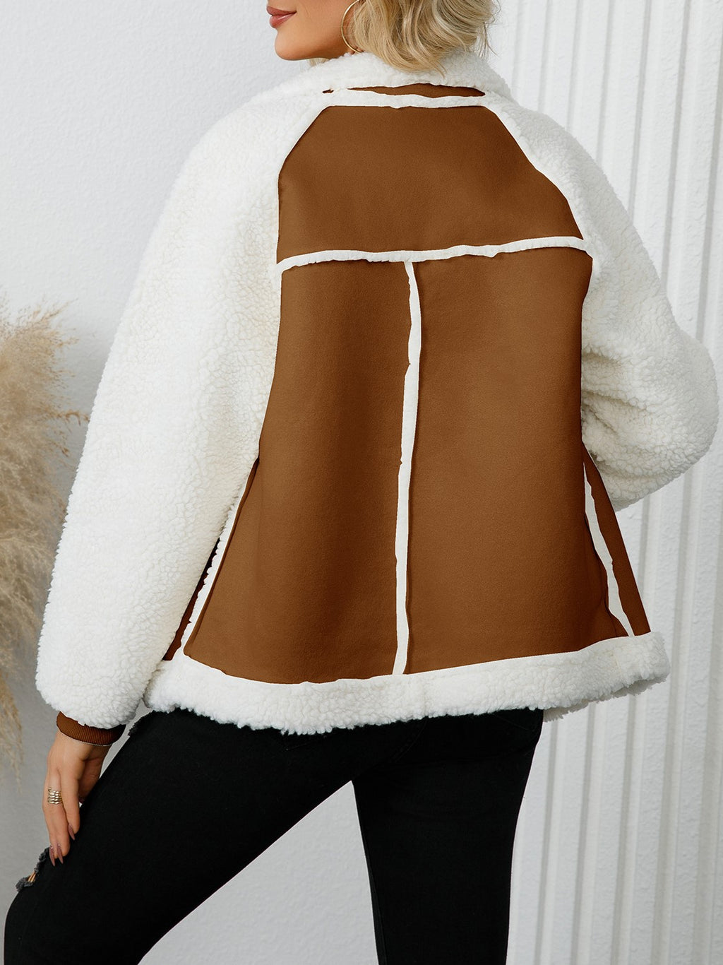 Faux Shearling Aviator Zip Jacket - Brown - 4