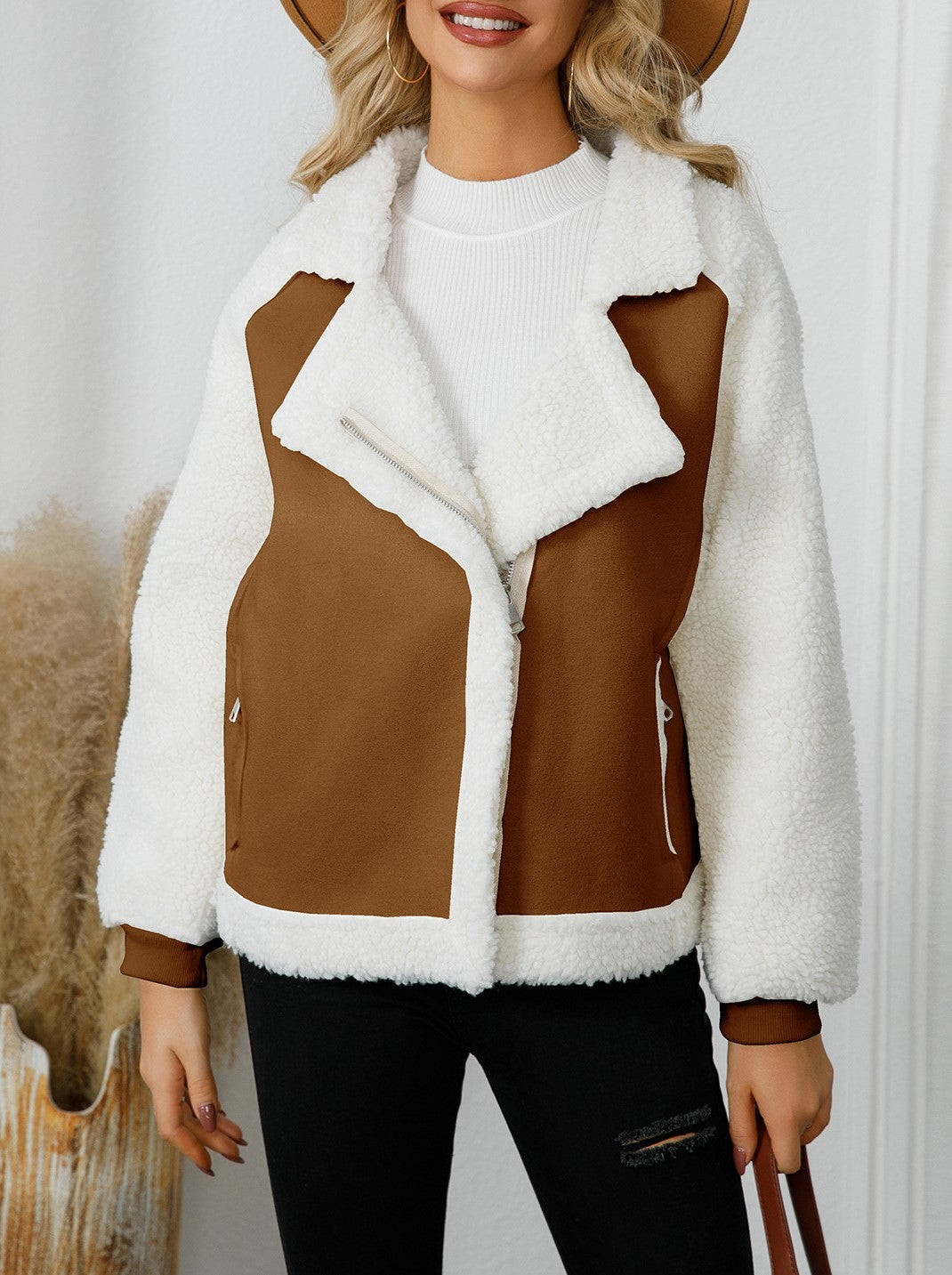 Faux Shearling Aviator Zip Jacket