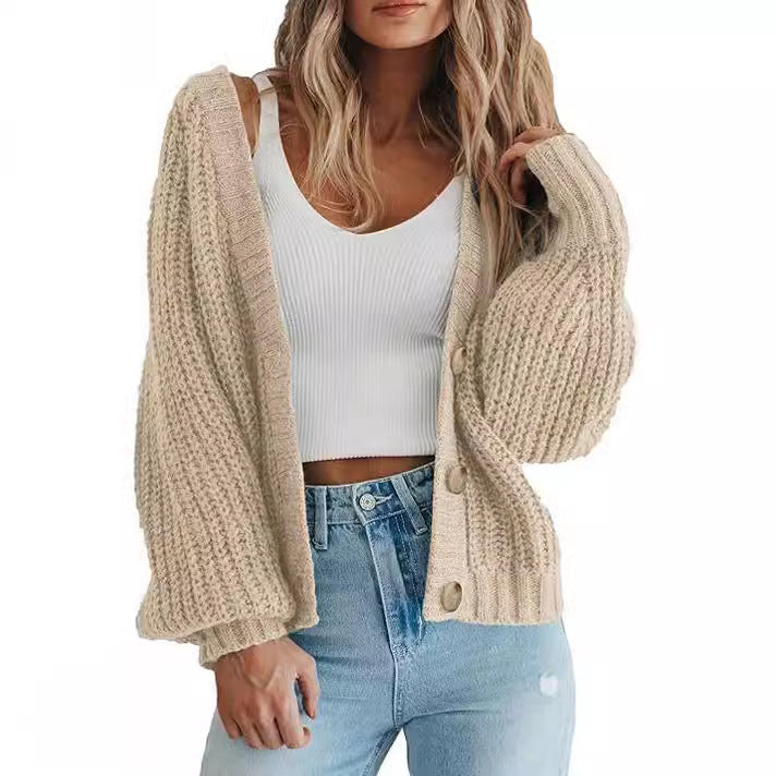 Slouchy Ribbed Knit V Neck Cardigan - Apricot