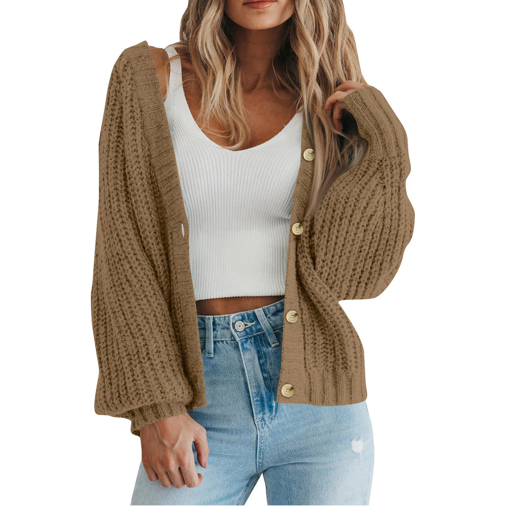 Slouchy Ribbed Knit V Neck Cardigan - Camel