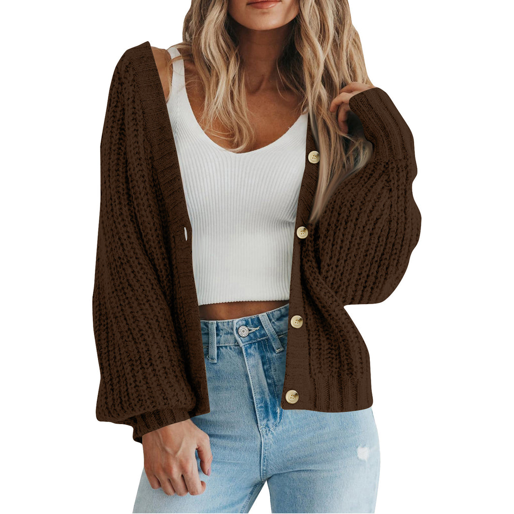 Slouchy Ribbed Knit V Neck Cardigan - Coffee