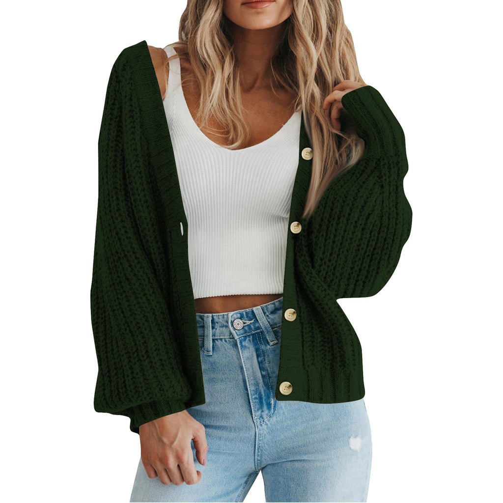 Slouchy Ribbed Knit V Neck Cardigan - DarkGreen