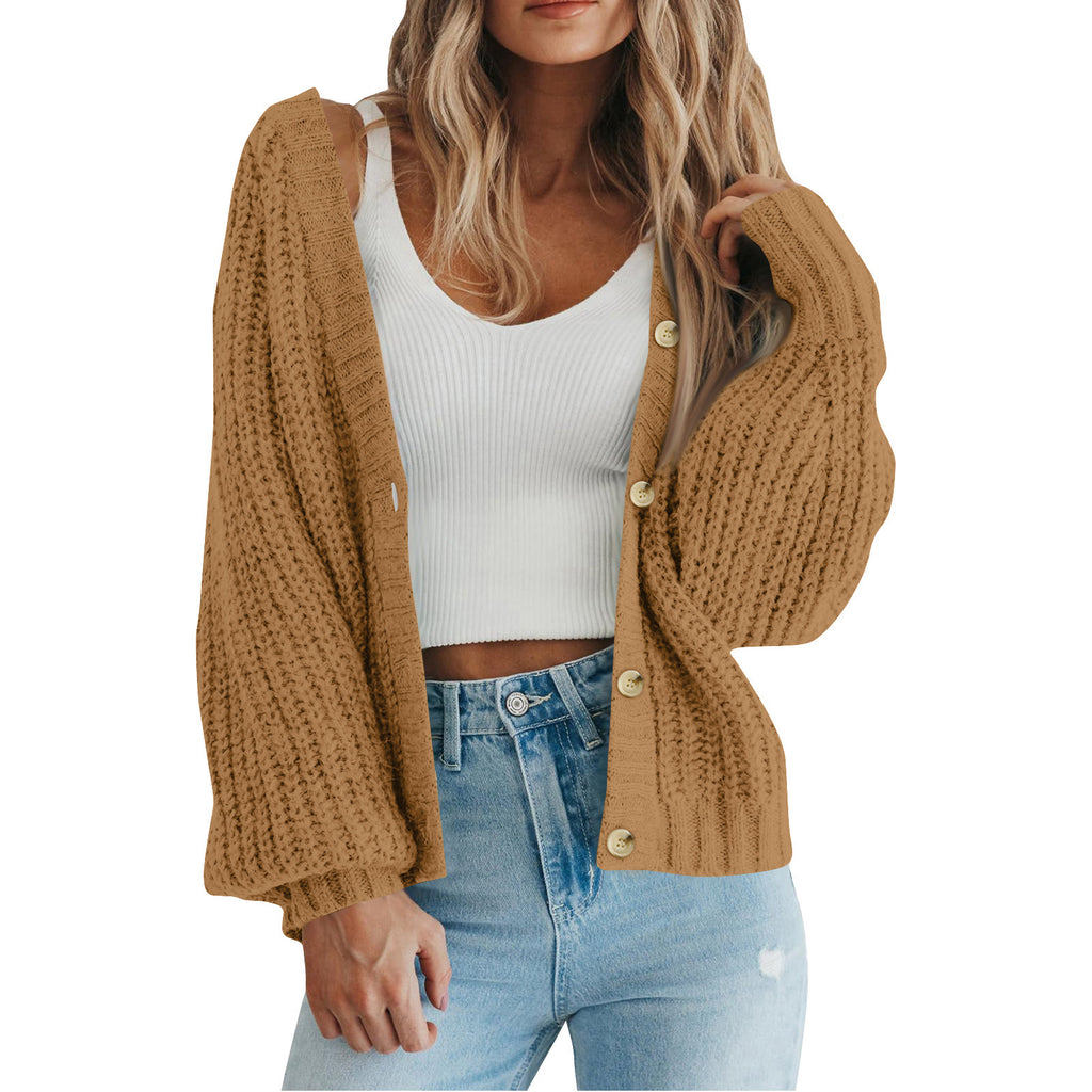 Slouchy Ribbed Knit V Neck Cardigan - Ginger