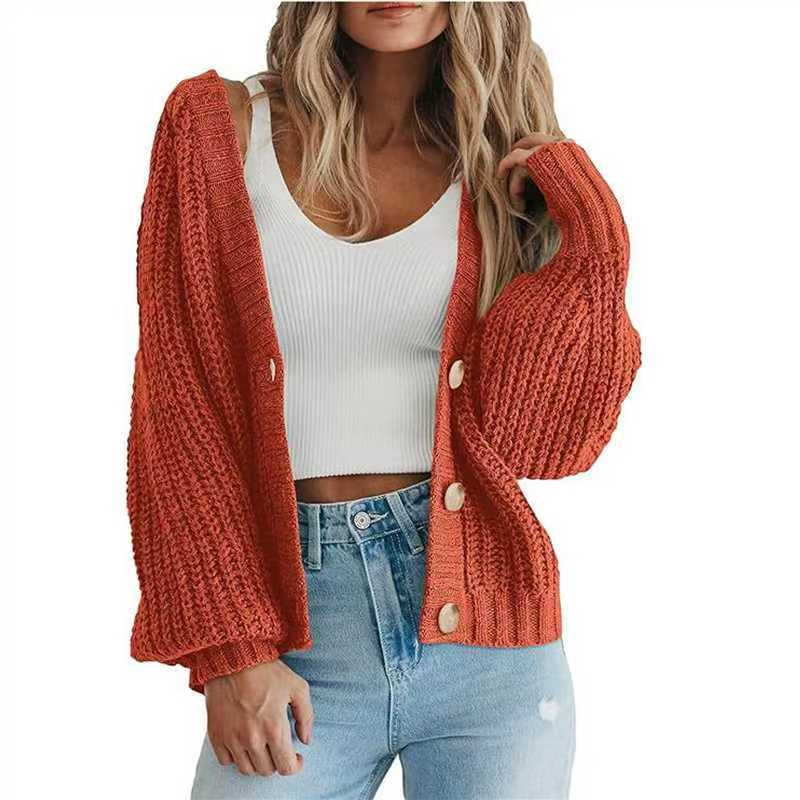 Slouchy Ribbed Knit V Neck Cardigan - OrangeRed