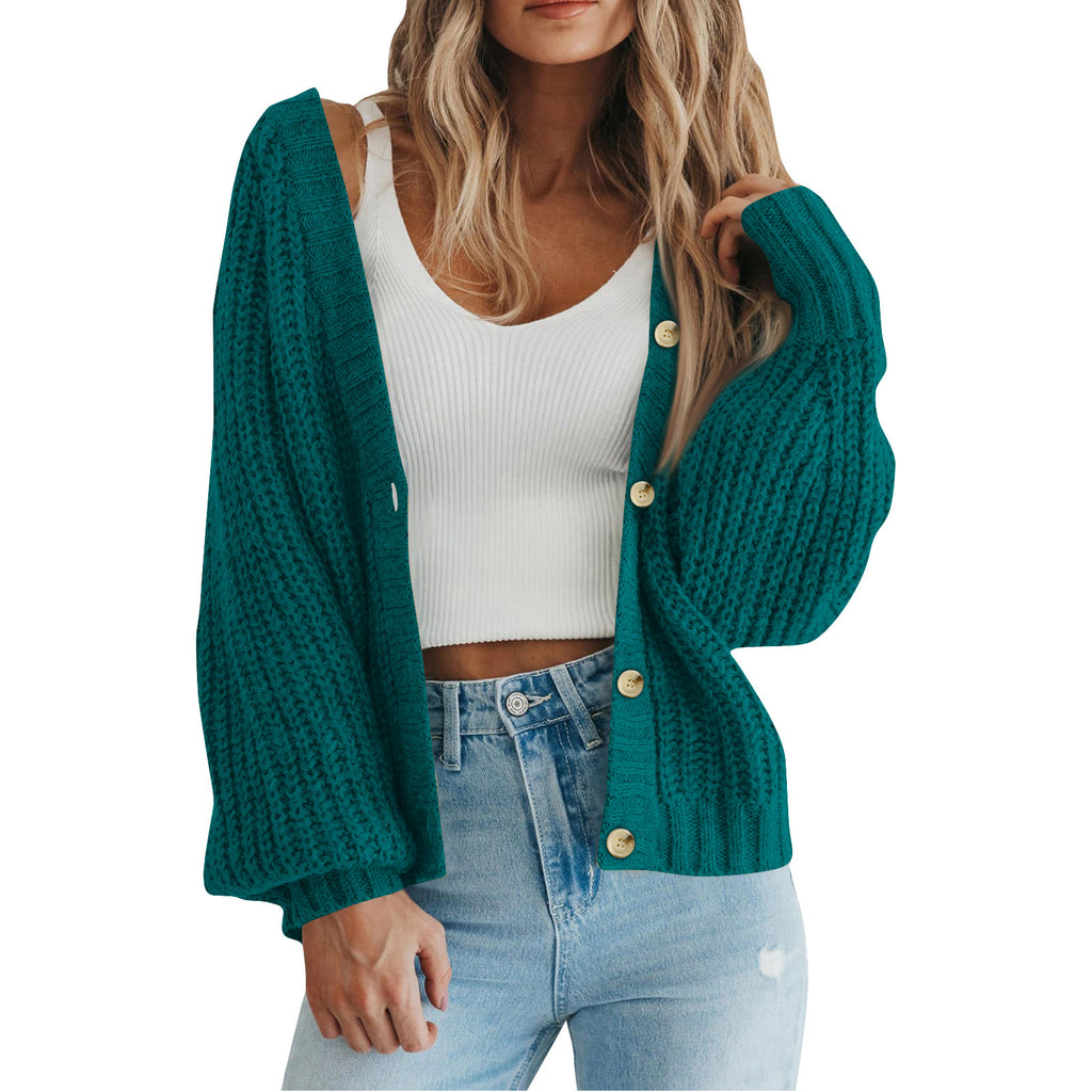 Slouchy Ribbed Knit V Neck Cardigan - Peacock