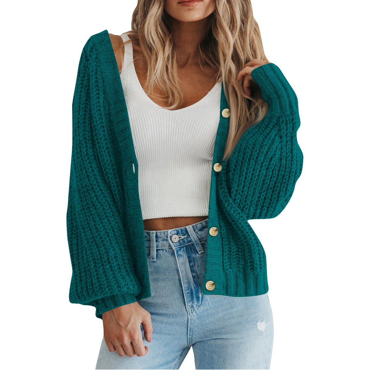 Slouchy Ribbed Knit V Neck Cardigan - Peacock