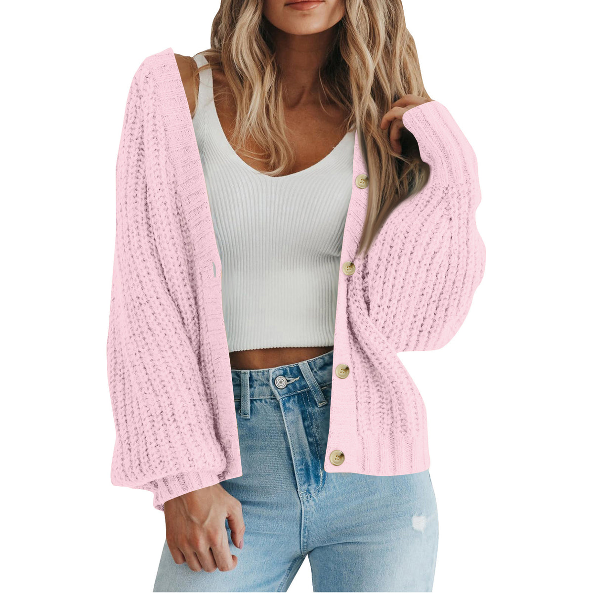 Slouchy Ribbed Knit V Neck Cardigan - Pink
