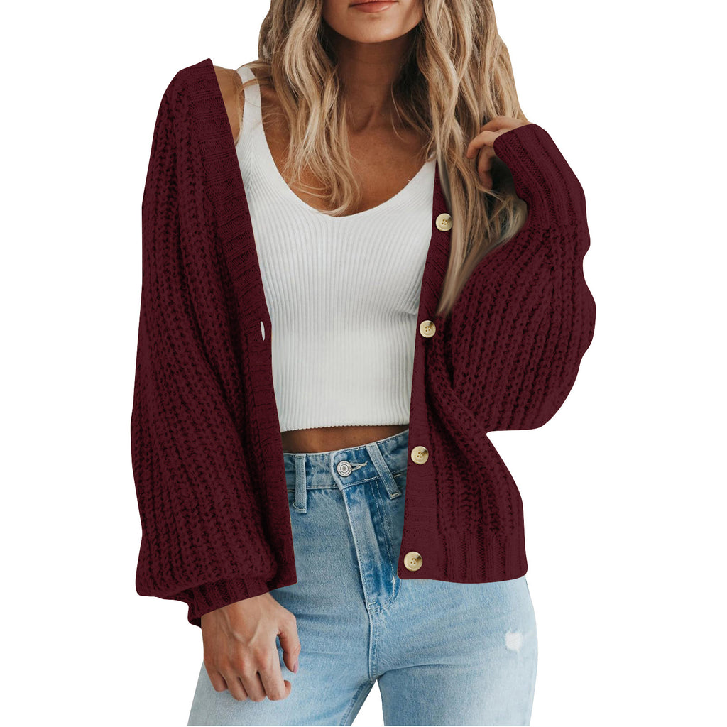 Slouchy Ribbed Knit V Neck Cardigan - Red