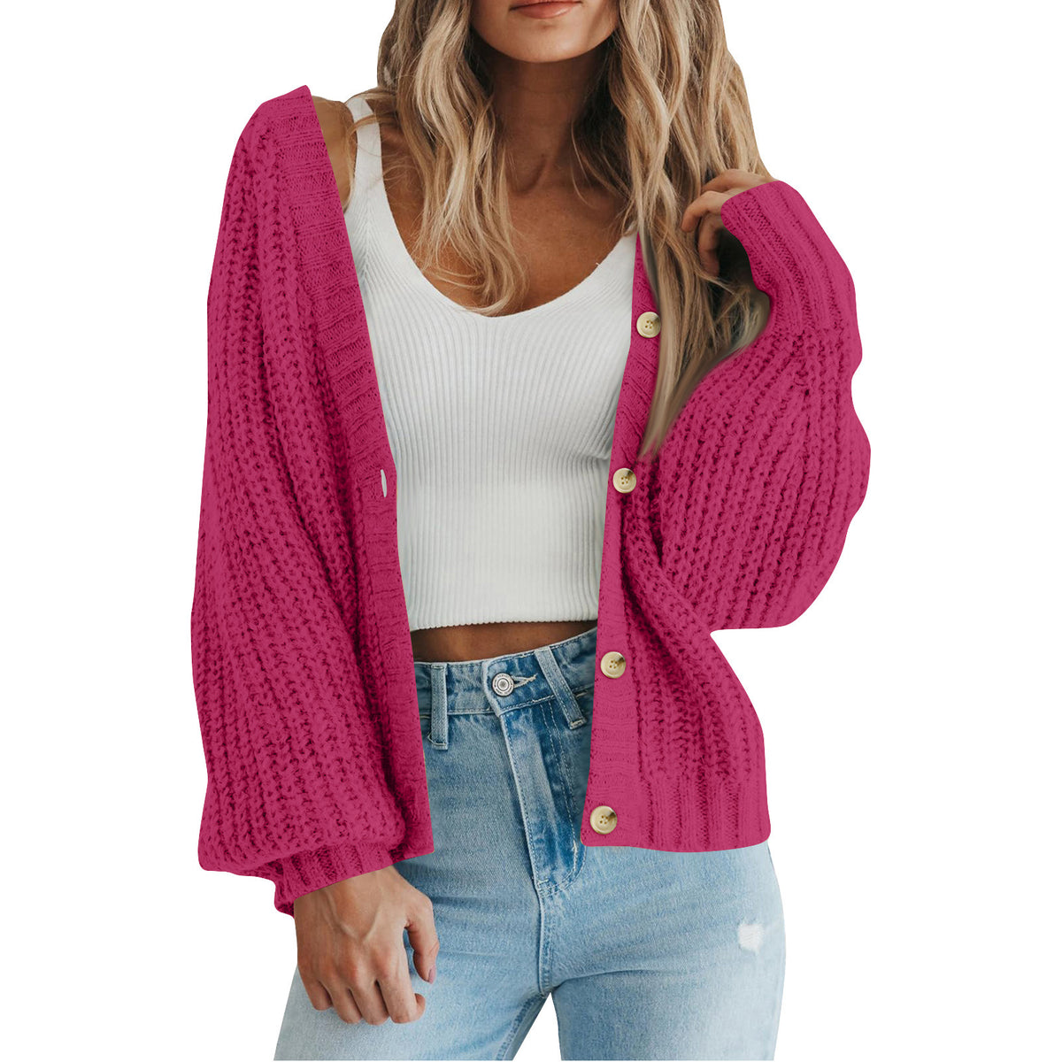 Slouchy Ribbed Knit V Neck Cardigan - Rose