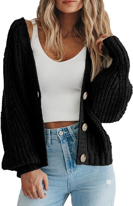 Slouchy Ribbed Knit V Neck Cardigan - black